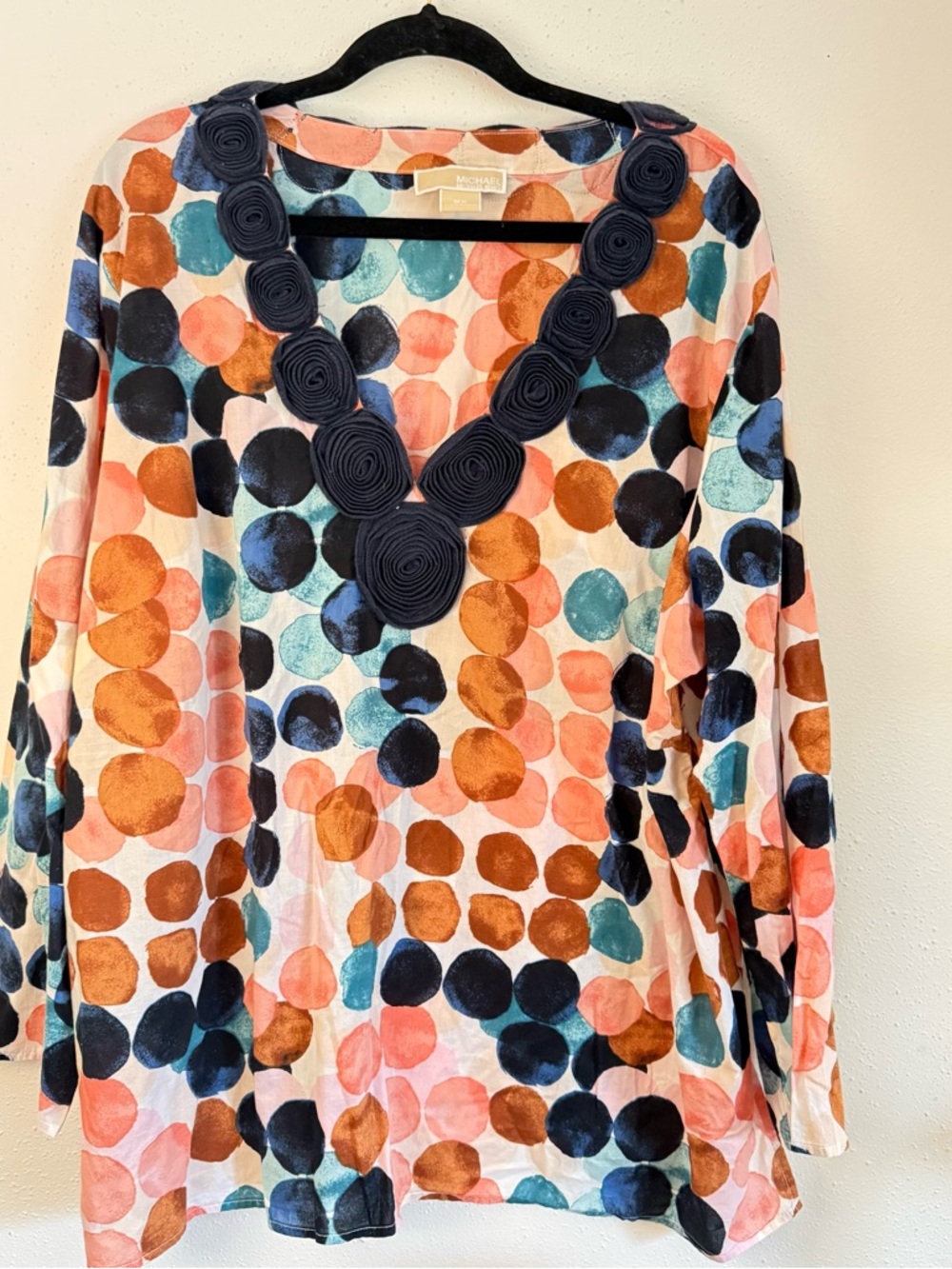 MICHAEL Michael Kors Multicolor Polka Dot V-Neck Blouse with Navy Rosette Detail